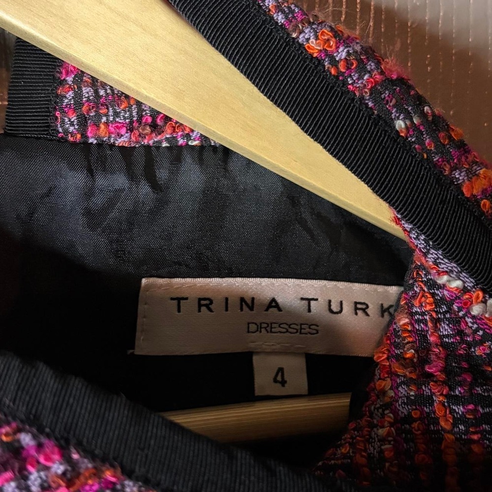 Trina Turk Pink Tweed Sleeveless Dress 4 High Neck A-Line Black Belted Accent - Picture 6 of 6